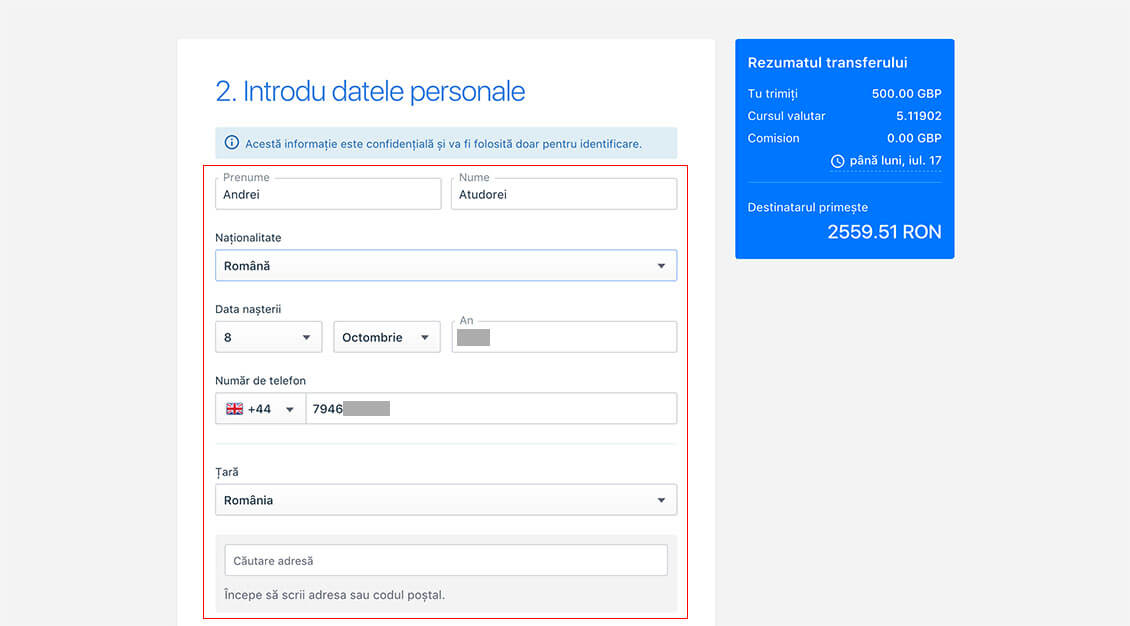 Transfer international online: datele expeditorului