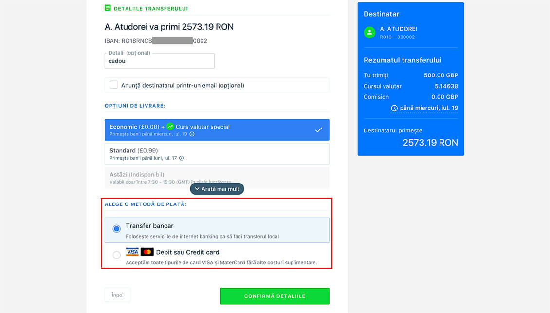 Transfer de bani prin TransferGo: Metode de plata