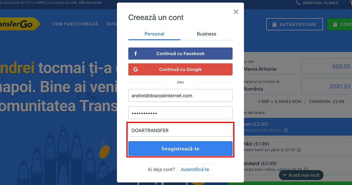 Cod invitatie pentru transfer gratuit cu TransferGo
