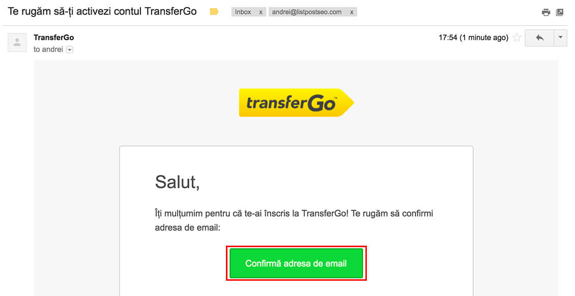 Creare cont TransferGo: confirmarea adresei de e-mail