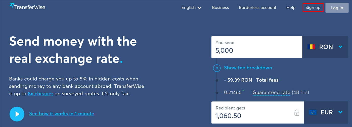Creare cont nou TransferWise