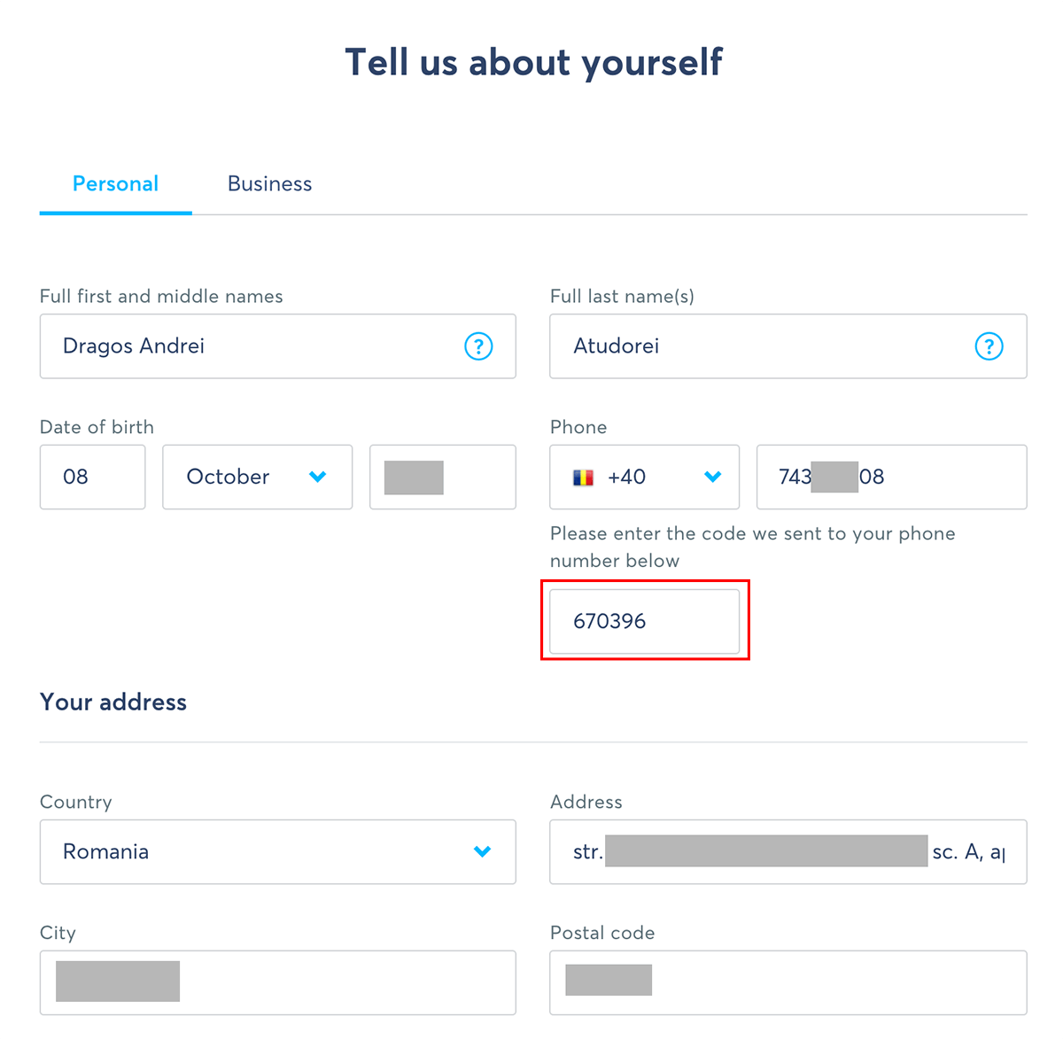 Codul de confirmare primit prin SMS de la TransferWise
