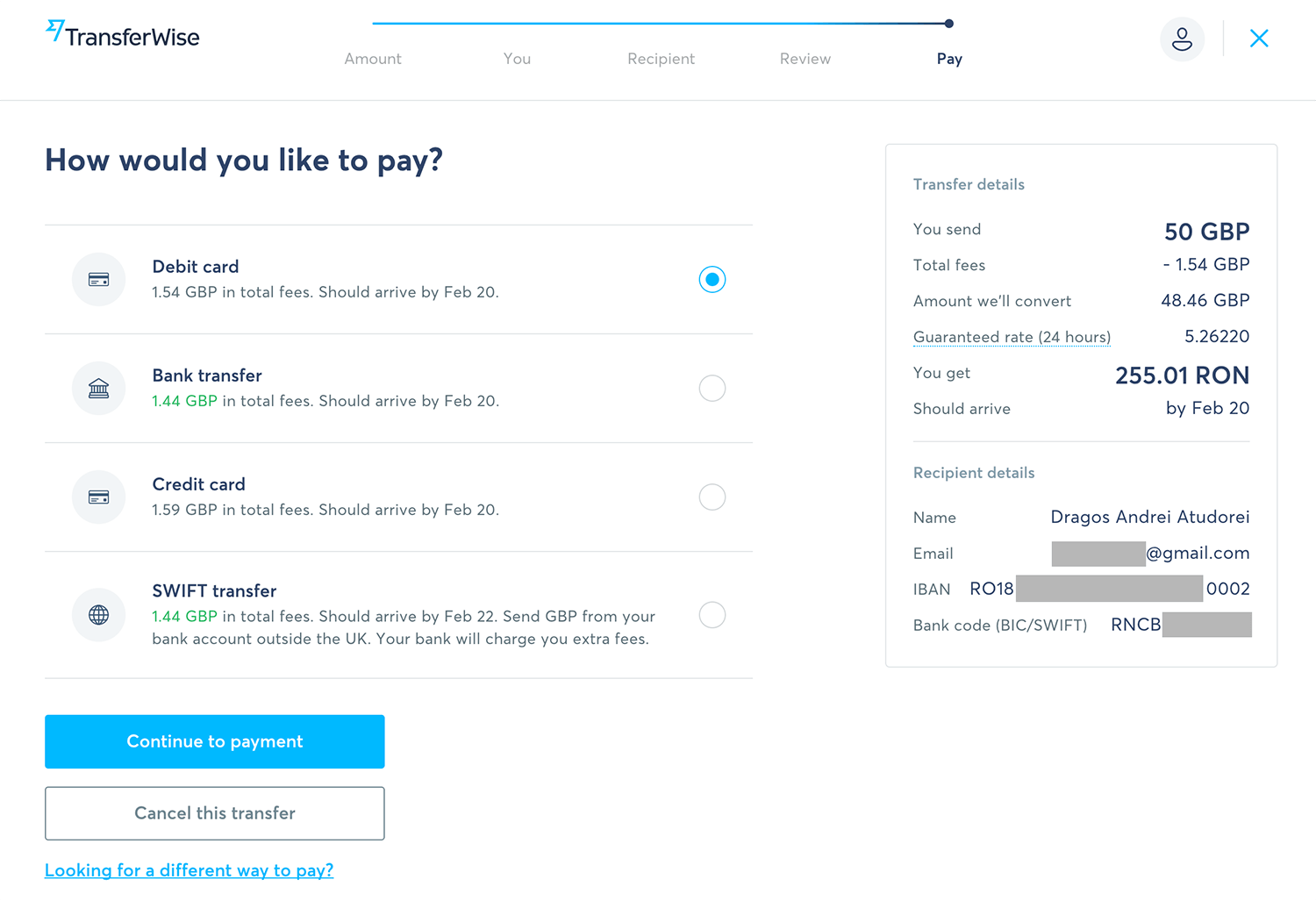 Alegerea metodei de plata TransferWise