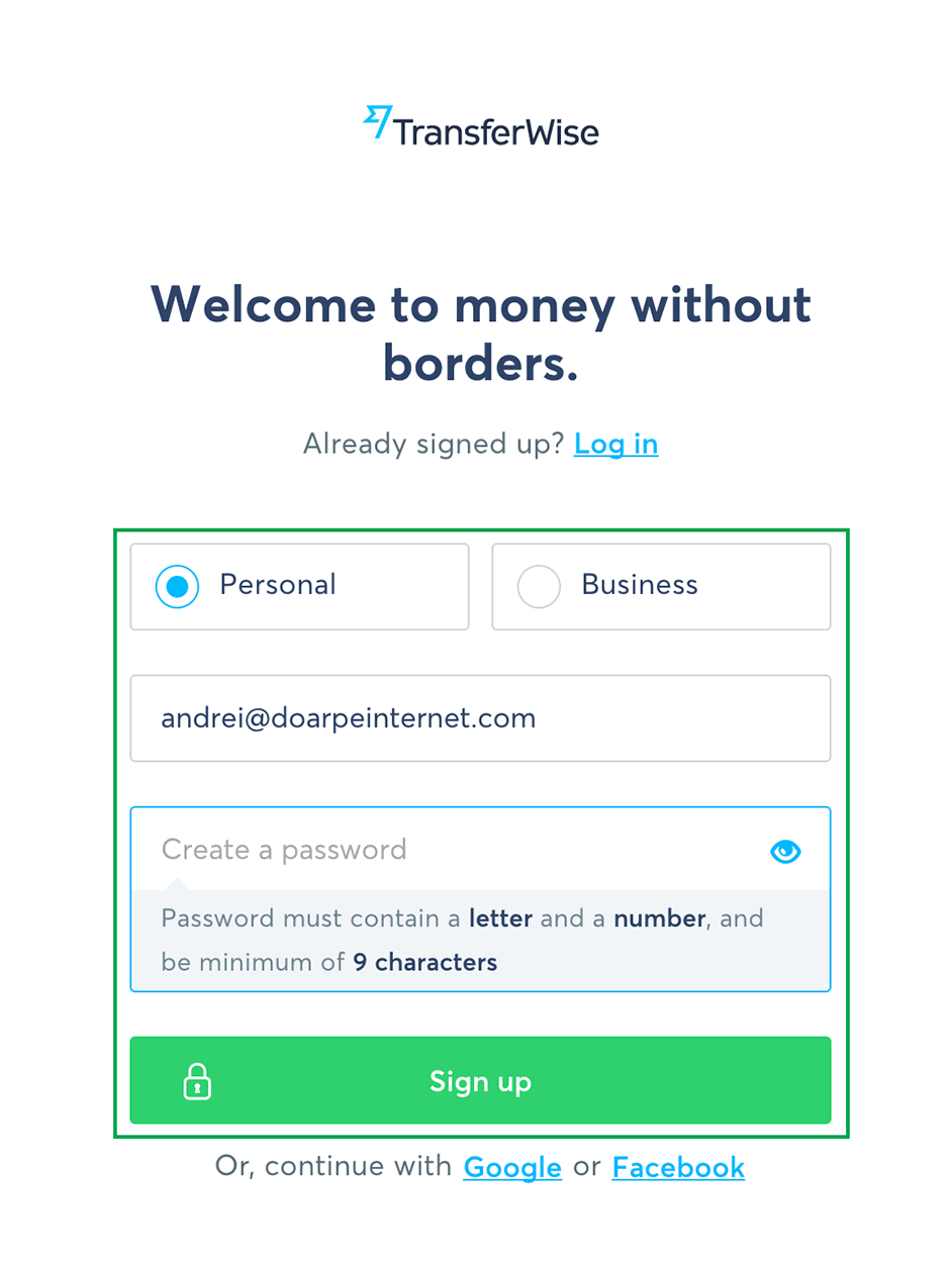Detalii inregistrare cont nou TransferWise
