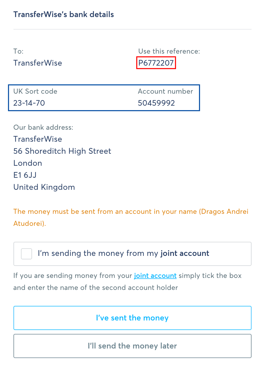 Detaliile de plata catre TransferWise