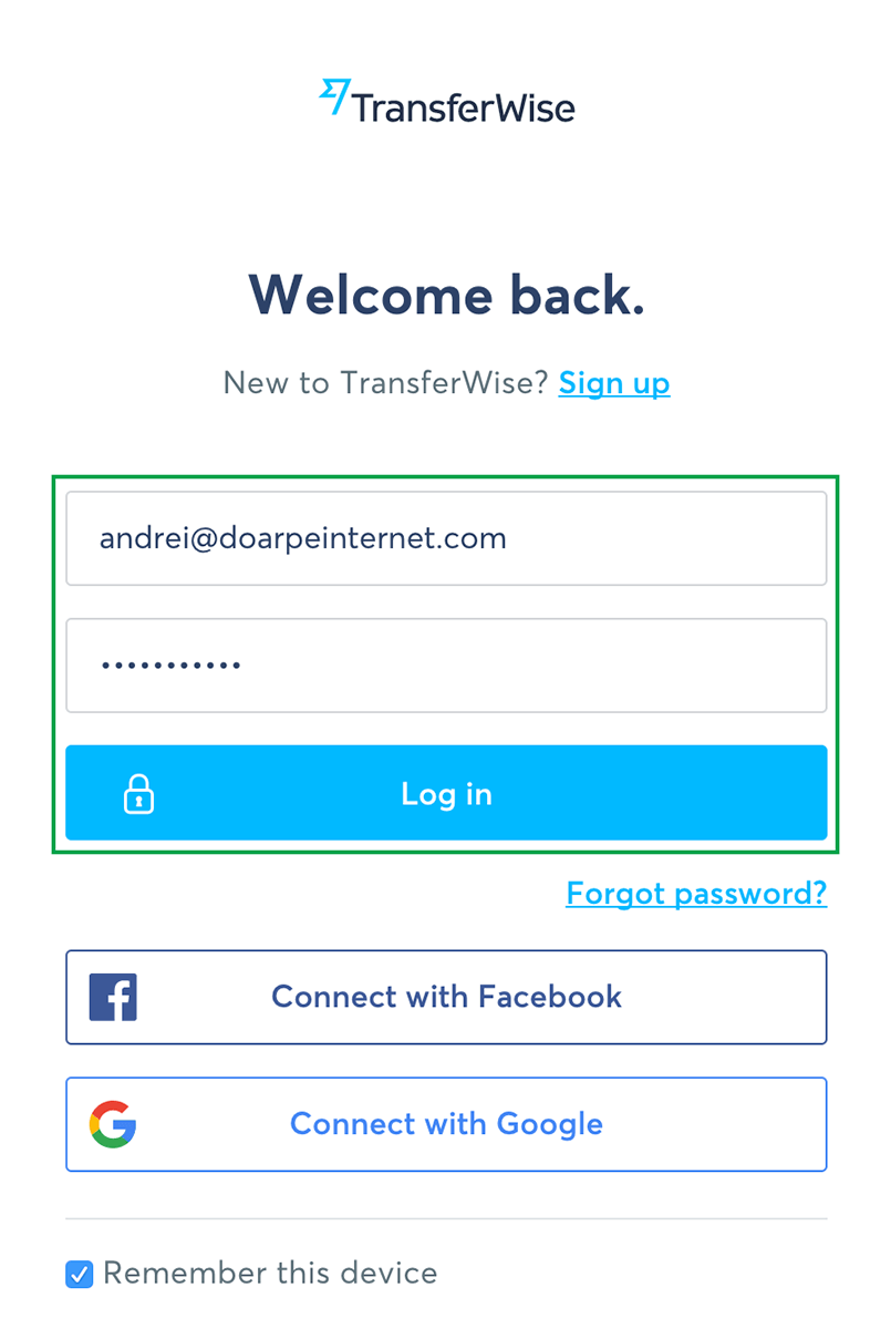 Introdu datele contului TransferWise