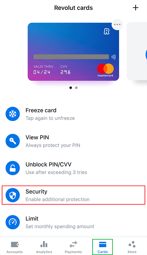 Cardul Revolut - setarile de securitate din aplicatie