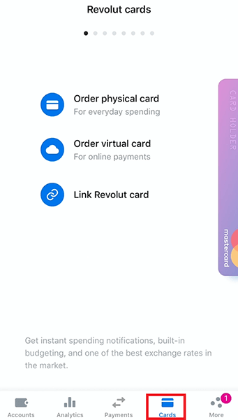 Acceseaza meniul Carduri in aplicatia Revolut