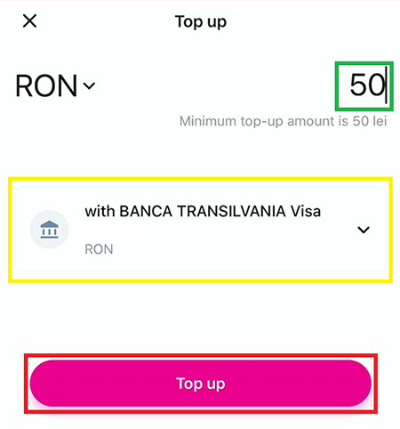 Alimentarea cardului Revolut cu suma minima de 50 RON