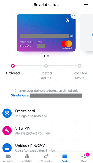 Progresul in timp real pentru livrarea cardului Revolut