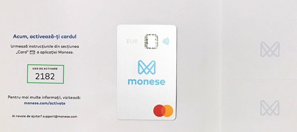 Codul de activare si confirmare primit in posta de la Monese