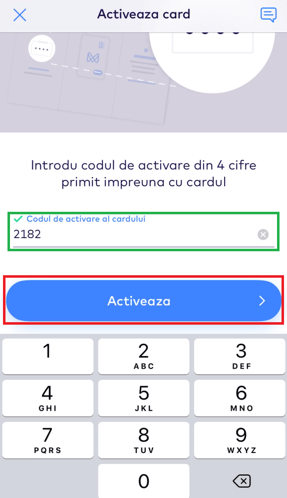 Confirma ca ai primit cardul in aplicatia Monese