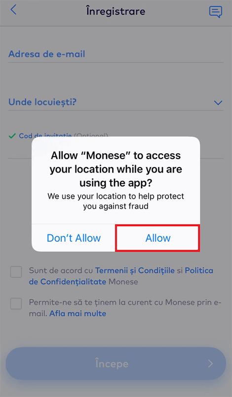 Permite aplicatiei Monese accesul la locatie