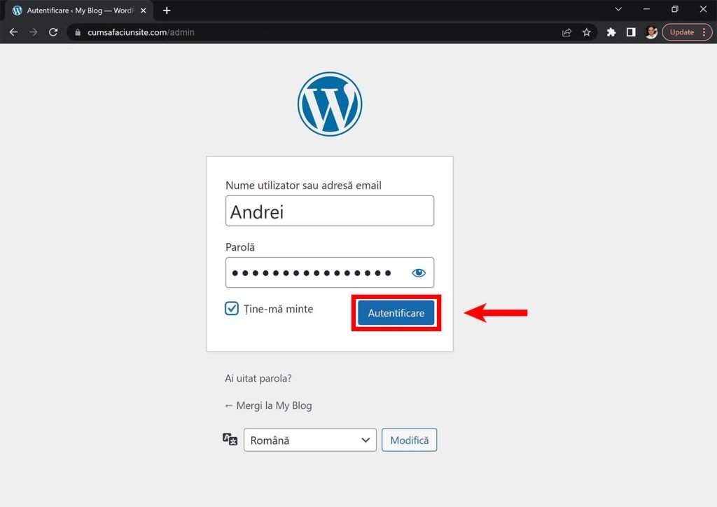 Autentificarea contul de administrare WordPress
