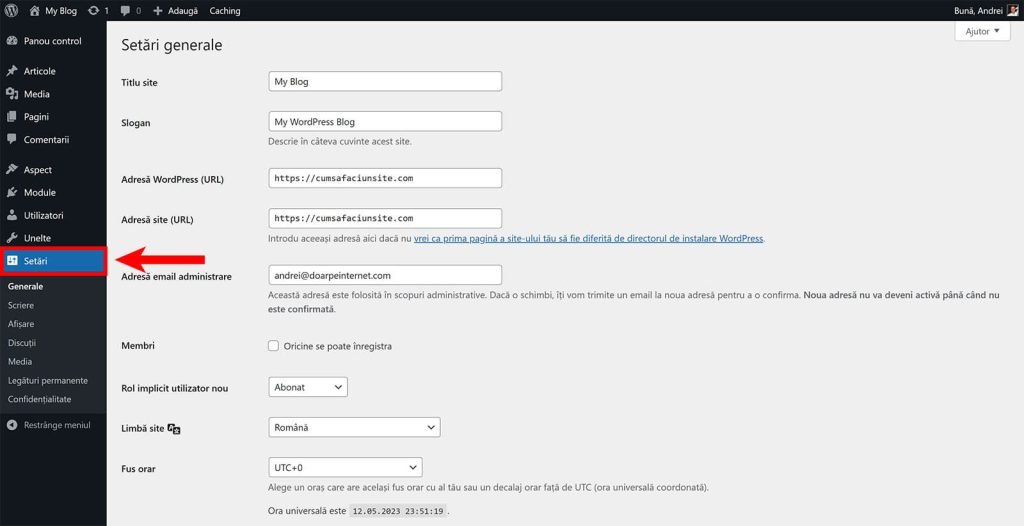 Deschide setarile generale WordPress