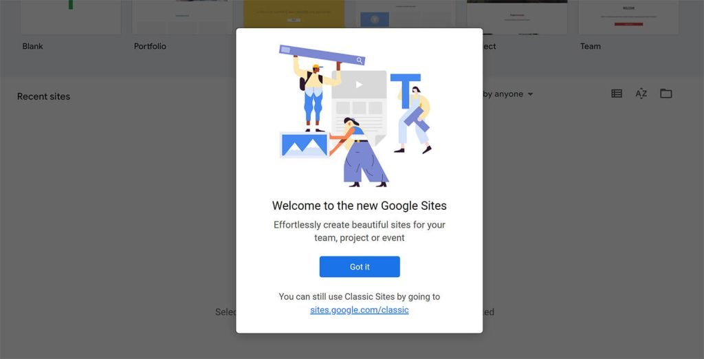 Template-uri disponibile cand creezi un site gratuit pe Google Sites