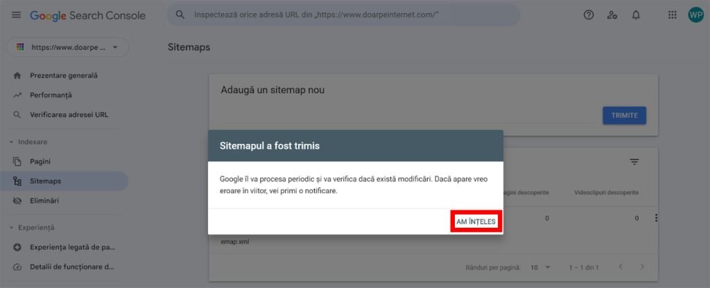 Confirma inregistrarea sitemap-ului