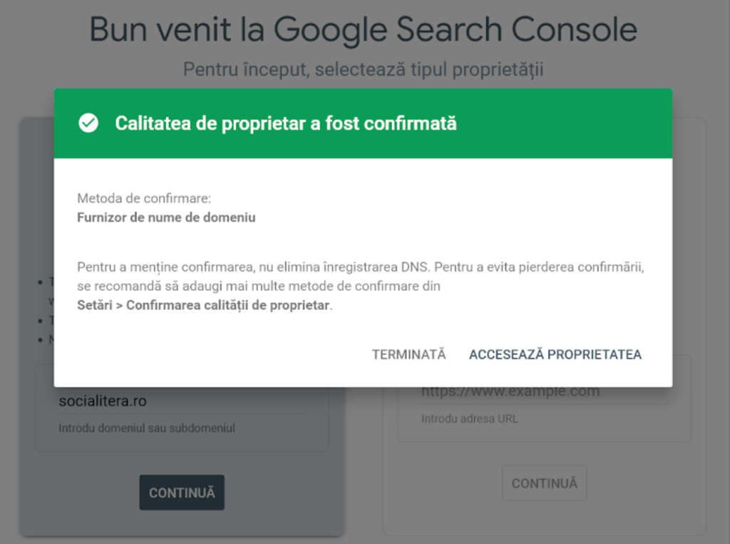 Confirmare proprietate Google Search Console