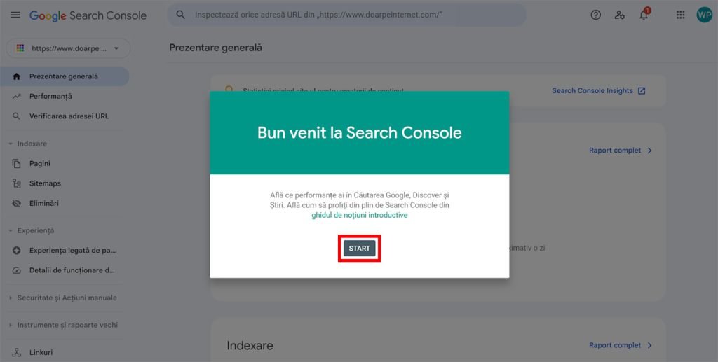 Interfata Google Search Console
