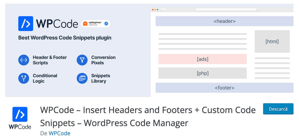 Modulul WPCode - adauga cod extra pe site-ul WordPress